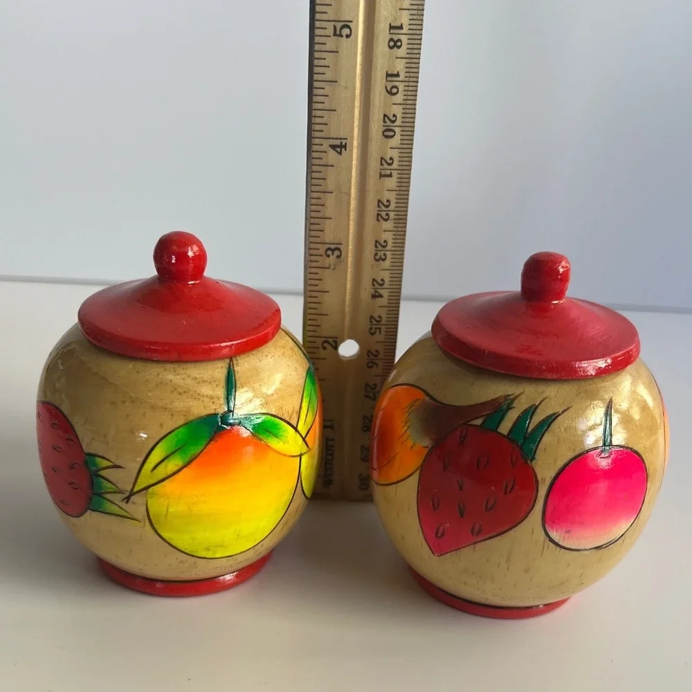 Vintage Hand Painted Wooden Fruit Canisters Set of 2 Red Lids Folk Art Jars